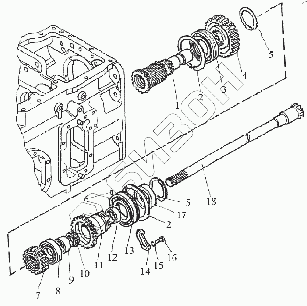 Коробка передач. Вал блока шестерен (24F+12R) | ООО «Бизон Юг»