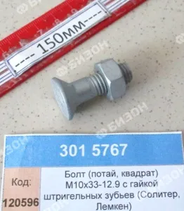 Болт (потай, квадрат) М10х33-12.9 с гайкой штригельных зубьев (30111355) (Солитер, Лемкен)